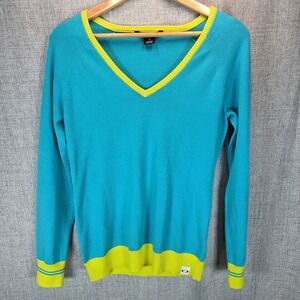 Oakley Womens Sweater V Neck Top Hill Blue Small Golf Yellow Cuffs Outdoors